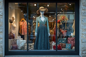 Fototapeta premium Winter Clothing and Accessories Boutique Window Display with Christmas Decorations and Sale Promotion