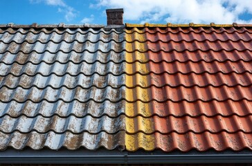 Fototapeta premium Before and After Roof Cleaning Showcasing Old and New Roofs with Clear Blue Sky