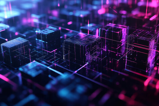 A surreal 3D abstract background displaying a matrix of glowing cubes, softly pulsing with synchronized digital energy. The cybernetic symmetry and neon reflections create a visually captivating,