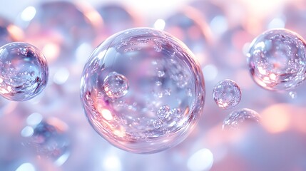 A Close-Up Exploration of Floating Transparent Spheres Filled with Iridescent Liquid Illuminated Against a Bright White Background