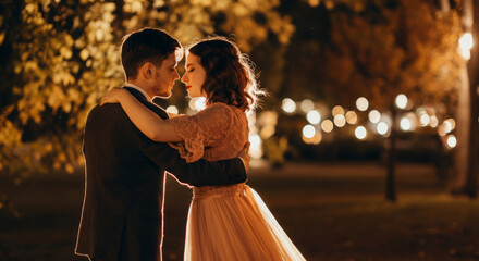 Obraz premium Romantic dance under autumn night sky with young caucasian couple in love