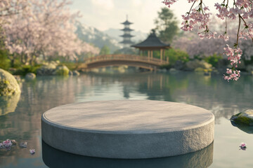 Fototapeta premium A serene Zen garden 3D background featuring a smooth stone podium in the middle of a tranquil pond. Delicate cherry blossoms float on the waterâ€™s surface, while a wooden bridge leads to a