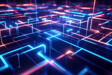 Obraz premium A visually stunning 3D abstract background with a complex labyrinth of glowing neon lines forming an intricate, interconnected network. The futuristic high-tech design evokes the energy of digital