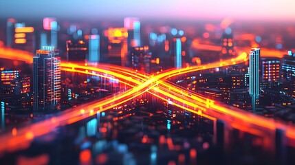 Obraz premium Futuristic Cityscape with Light Trails at Night: Technology and Urban Innovation