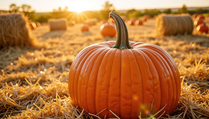 Pumpkin on hay field at sunset