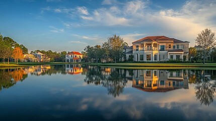 Fototapeta premium Serene Lakefront View of Contemporary Homes