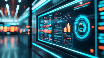 Obraz premium Futuristic Data Center with Glowing Screens: High Tech Interface and AI Technology