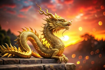Fototapeta premium Serene Gold Dragon Bokeh: Majestic Creature on Red Wall
