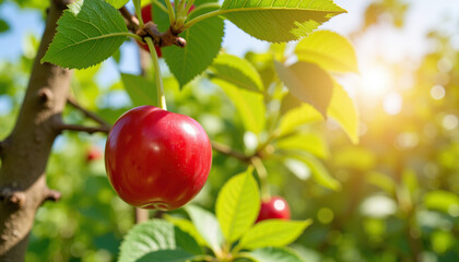 Red apple hanging on tree branch in sunny orchard