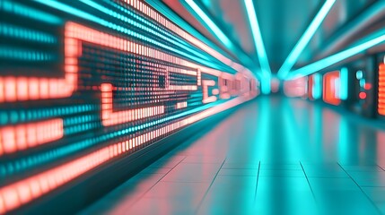 Futuristic Neon Tunnel with Glowing Data Stream and Technology Concept