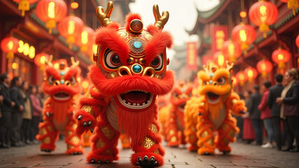 Obraz premium Vibrant lion dancers performing at Spring Festival parade in a festive street decorated with lanterns