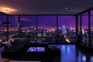 A luxurious sky-view penthouse 3D background room with floor-to-ceiling windows, sleek black furniture, and a state-of-the-art entertainment system. The breathtaking city lights enhance the