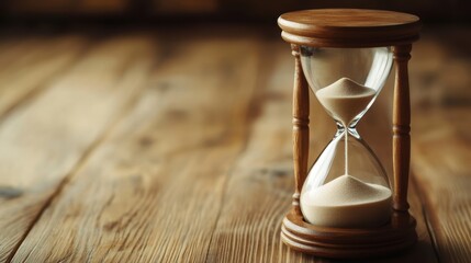 Hourglass with sand flowing on a wooden table