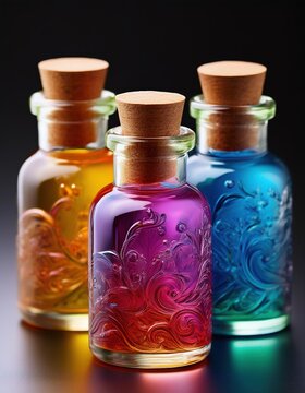 Colorful magic potion bottles with vibrant contents fantasy elixir 