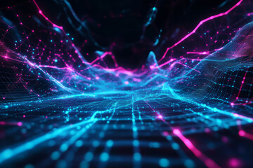 A mesmerizing 3D abstract background with a glowing neon mesh stretching infinitely in a futuristic cyberspace. The deep black void contrasts with the pulsating cyan and magenta hues, creating a