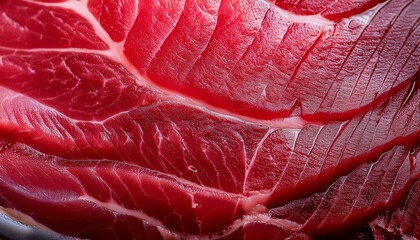 Fototapeta premium Ultra macro of a raw tuna steak, showcasing deep ruby tones and fibrous textures, highlighting its fresh, tender quality and vibrant color.