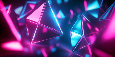 A sleek 3D abstract background featuring floating luminescent polygons, softly glowing in vibrant neon shades. The futuristic reflections and high-tech textures add a digital aesthetic.