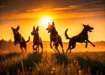 Naklejka premium Silhouette Happy Dogs Playing in Grass Field Sunset - Dog Photography, Pet Silhouette, Canine Silhouette, Grassland Sunset