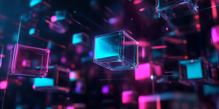 Fototapeta A sleek 3D abstract background featuring floating transparent cubes with glowing neon cores. The high-tech reflections and deep cybernetic hues enhance the futuristic digital composition.