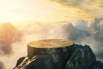A majestic mountain peak 3D background featuring a stone podium carved into the summit. The crisp air is filled with mist, while the golden sunlight highlights the rugged textures of the rocks and the