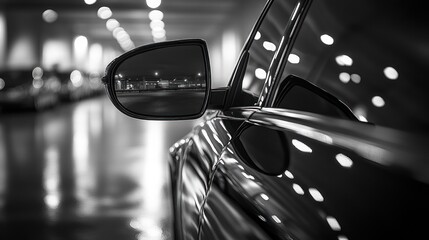 Close Up of Modern Car Side Mirror in Black and White with High Contrast and Reflections