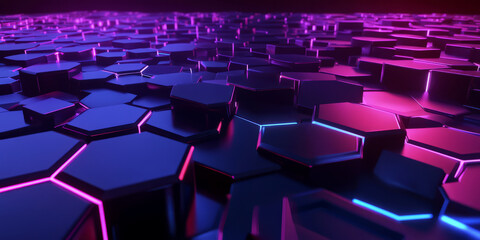 Fototapeta premium A surreal 3D abstract background featuring glowing hexagonal grids forming an infinite digital landscape. The soft neon gradients and deep reflections add a futuristic cyberpunk aesthetic to the