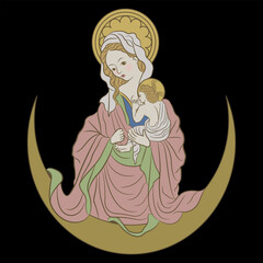 Virgin Mary with baby Jesus on crescent moon. Christian religious design. Medieval holy icon. On black background.