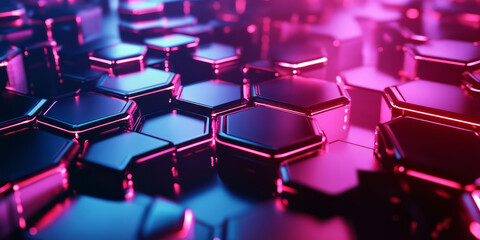 Fototapeta premium A surreal 3D abstract background featuring levitating hexagonal panels, interconnected with glowing neon energy streams. The sci-fi reflections and deep futuristic gradients enhance the digital