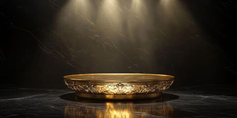 A luxurious 3D background featuring a golden podium with intricate engravings, placed on a dark marble floor. Soft spotlights illuminate the reflective surfaces, creating a sense of grandeur and