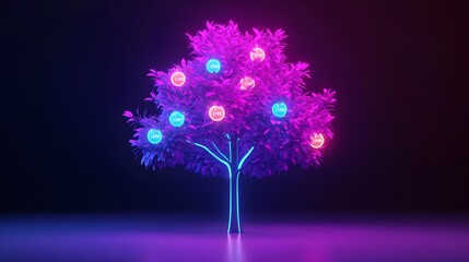 Neon Tree with Icon Ornaments: Futuristic Technology Growth Concept