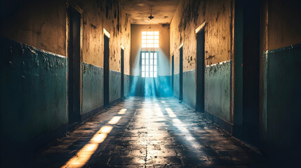 Sunlit hallway in abandoned building; eerie atmosphere