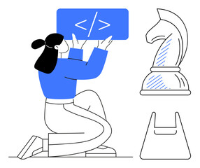 Female character holding a code sign, chess knight piece symbolizing strategy, and a plastic bag. Ideal for technology, coding, strategic thinking, environmental awareness, education