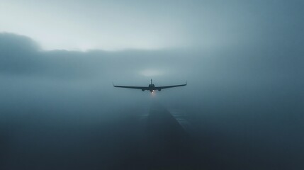 Airplane Taking Off in Foggy Conditions at Dusk, with a runway visible below it at night