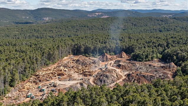 Aerial view of efficient logging activity with trees being cut down piles of logs and a transformed landscape due to deforestation