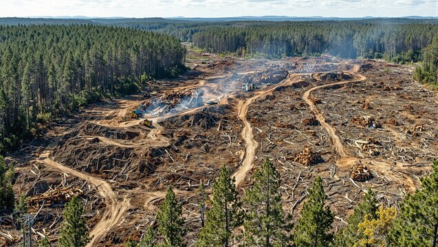 Aerial view of efficient logging activity with trees being cut down piles of logs and a transformed landscape due to deforestation