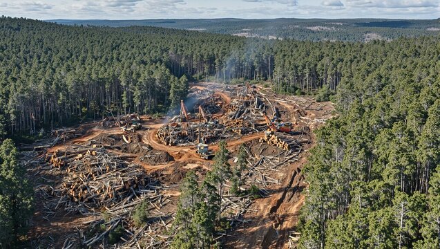 Aerial view of efficient logging activity with trees being cut down piles of logs and a transformed landscape due to deforestation
