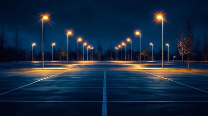 Empty Night Parking Lot with Street Lights