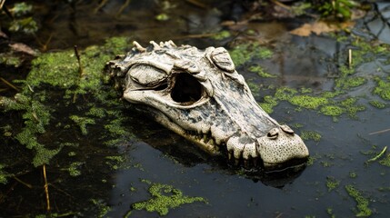 Fototapeta premium Crocodile Skull in Swampy Water: A Dark Nature Photography