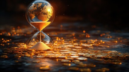 Business Investment Growth Wealth Concept with Hourglass Globe and US Dollar Coins on Reflective Blue Table