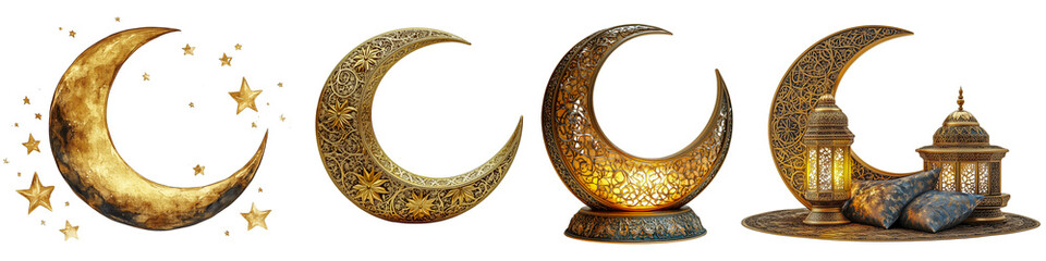 Collection of golden crescent moons with intricate Islamic patterns, lanterns, and stars, representing Ramadan and Islamic culture. Transparent background.