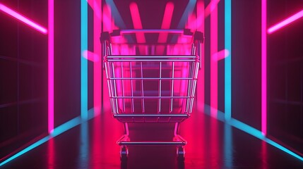 Shopping Cart in Neon Lights: Online Shopping, Retail Concept, Modern Design