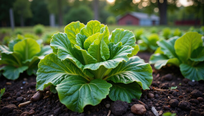Fresh green lettuce leaves growing in a garden
