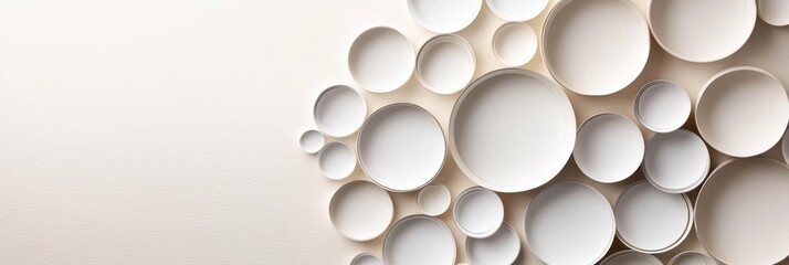 High angle view of geometric shapes cut from recycled paper on a natural beige background