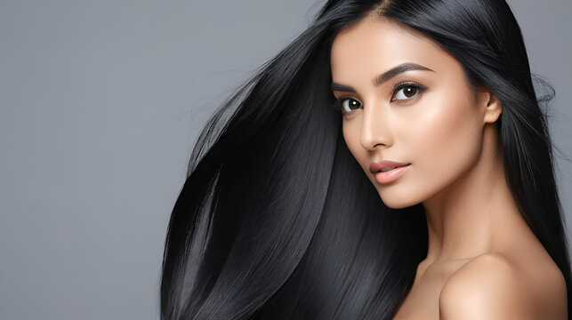 Portrait of a beautiful young Indian woman with long shiny straight black hair on grey background. Salon Spa Cosmetic Concept
