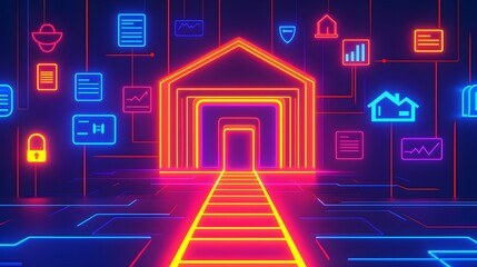 Fototapeta premium Smart Home Technology Network: Neon Cyberpunk Style Interface for Automation and Connectivity