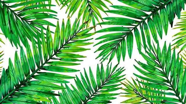 Trendy pattern background with tropical green leaves, palm branch, summer background in Bali style, travel and vacation, drawn