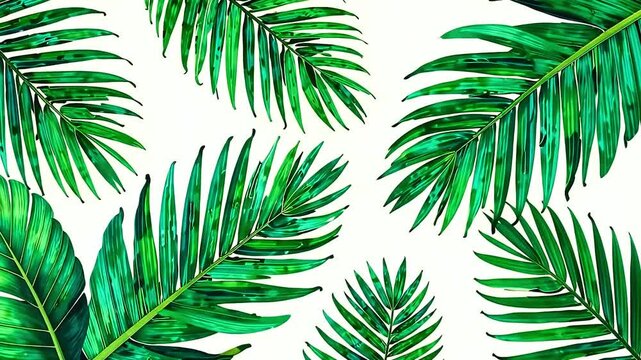 Trendy pattern background with tropical green leaves, palm branch, summer background in Bali style, travel and vacation, drawn