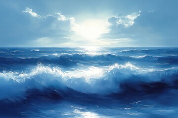 Fototapeta premium Ocean Waves Sea Surface Water Texture Natural Light Foam Blue Background Seascape Aquamarine Splash