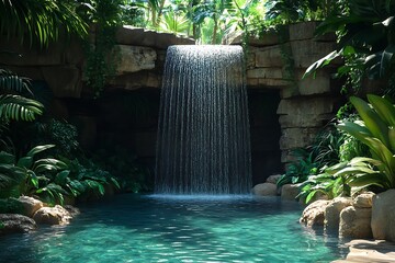 Waterfall pool, lush jungle. Relaxing oasis