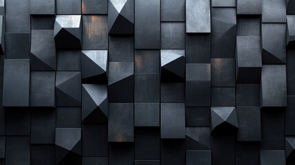 Abstract geometric wall of dark pyramids and cubes creating a modern artistic texture